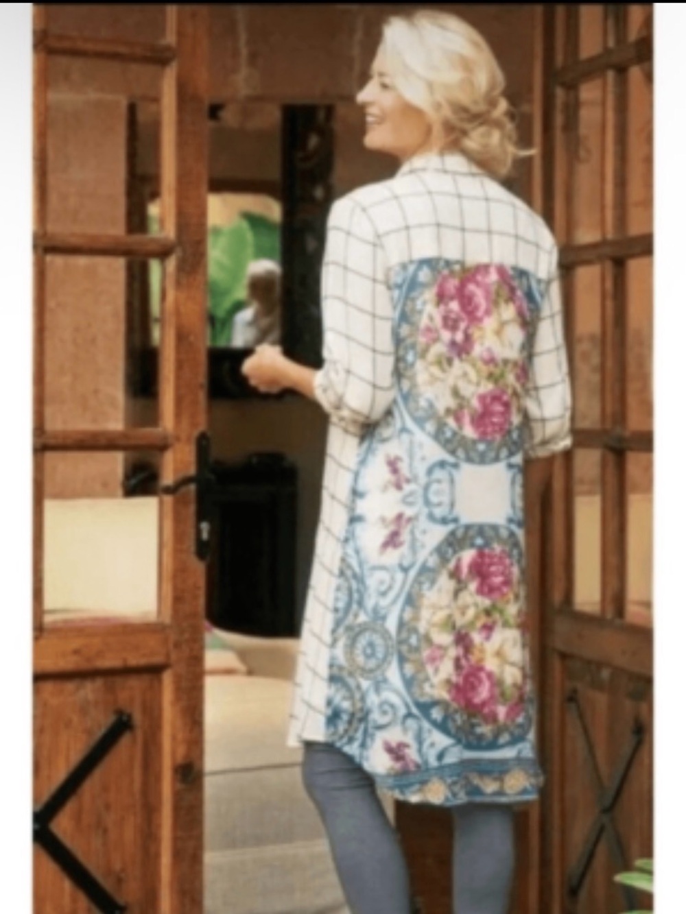 Soft Surroundings Floral-Back Gardenside Windowpane Tunic Shirt Dress Medium